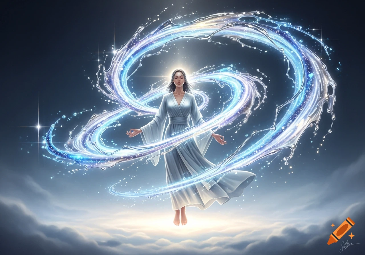 A serene woman in a white flowing gown floats above clouds, encircled ...