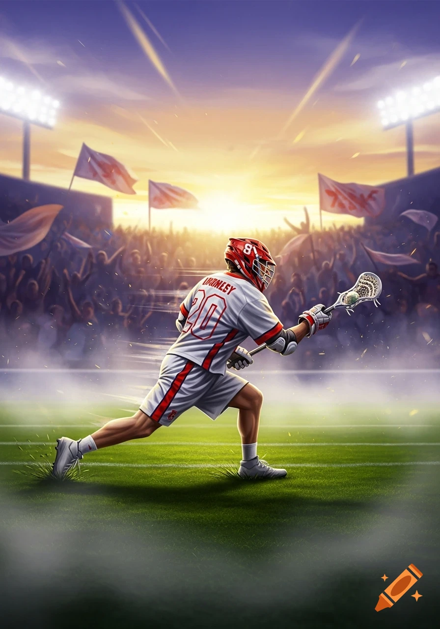 Dynamic shot of a male lacrosse player running on a stadium field, wearing a white and red uniform, at sunset.