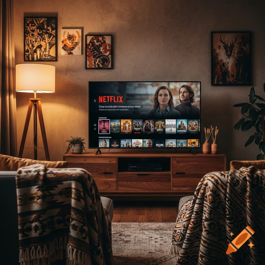 A photorealistic image of a cozy living room with a TV displaying the Netflix interface, a floor lamp, and patterned blankets over furniture.