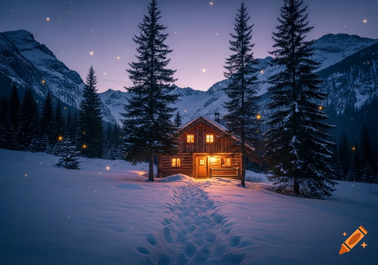 A cozy wooden cabin glowing warmly in a snowy mountain landscape at twilight, with magical golden light points and footprints leading to the door.