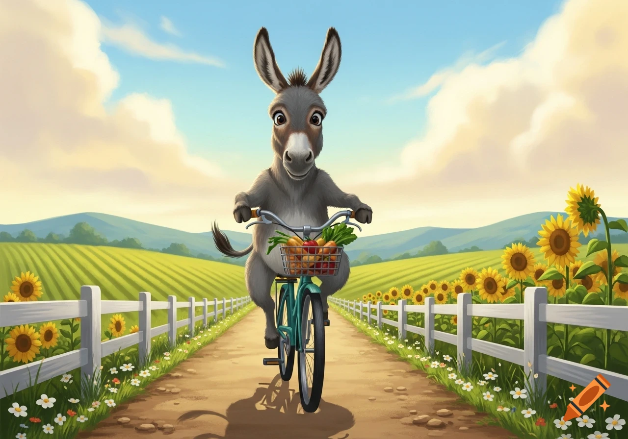 A cartoon donkey rides a bicycle on a dirt path, carrying vegetables, surrounded by green fields, sunflowers, and a white fence.