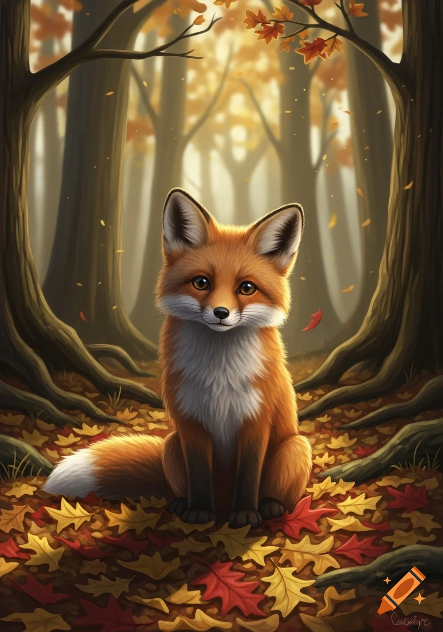 A cute, fluffy red fox with white chest and tail tip sits among colorful autumn leaves in a sunlit forest.