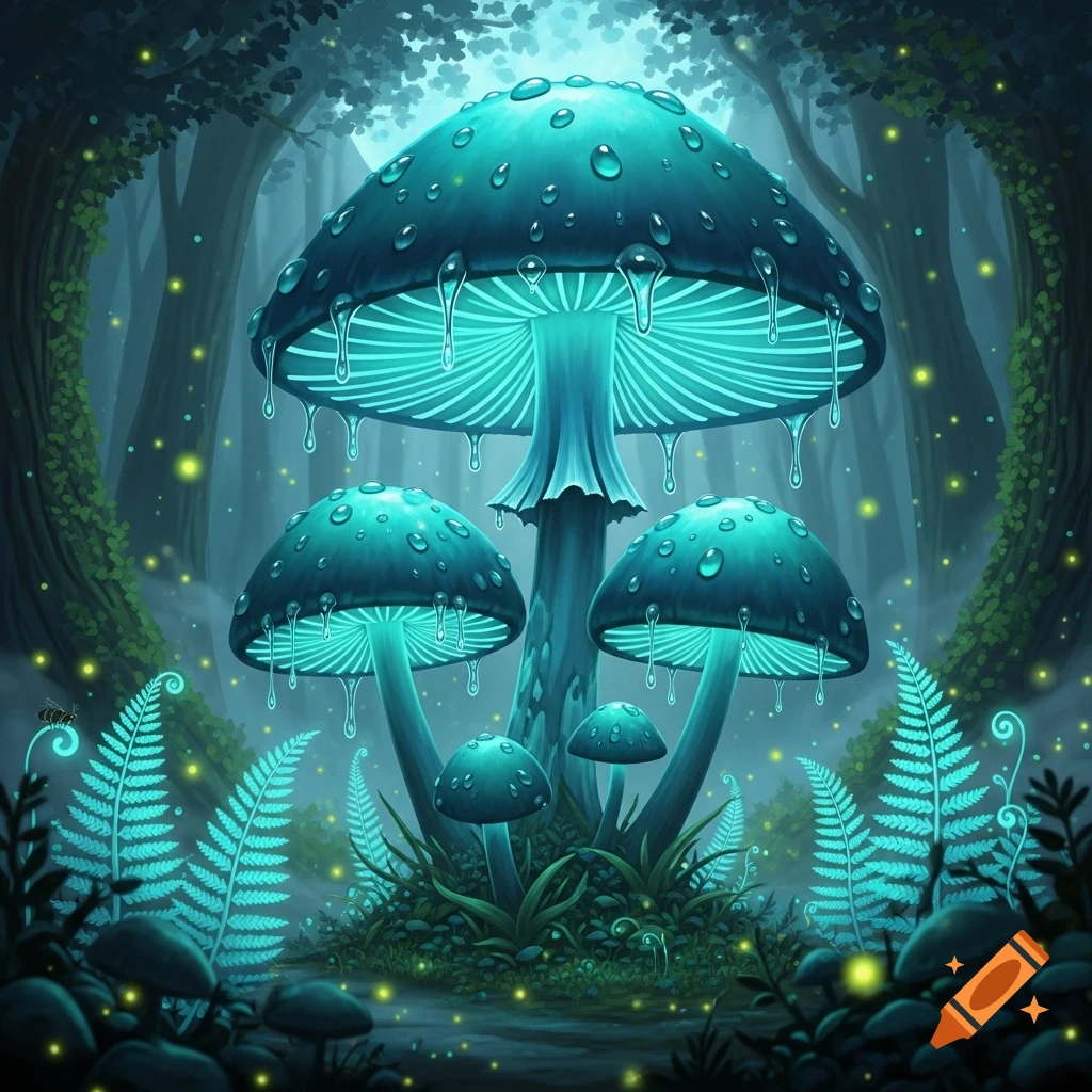 Luminous turquoise mushrooms with water droplets glow brightly in a dark, enchanted forest with glowing ferns and fireflies.