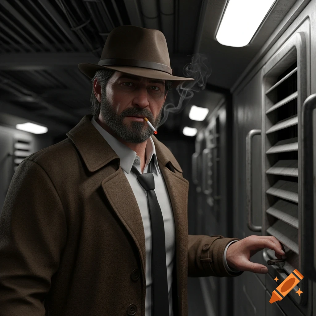 Hyperrealistic portrait of a grizzled detective in a fedora and trench coat, smoking in a dark sci-fi corridor, inspecting a vent.