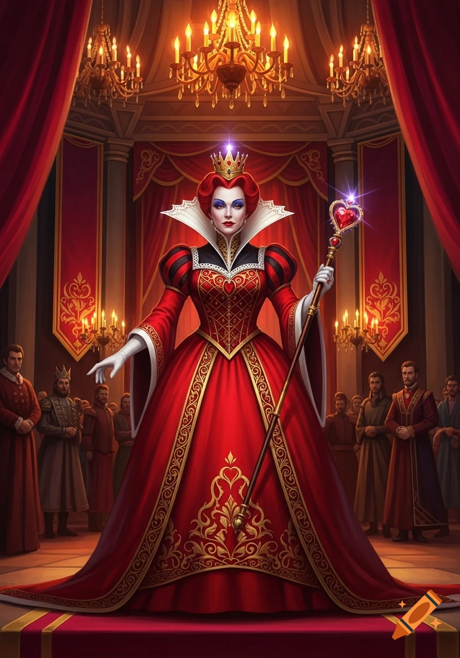The Red Queen in a grand red and gold gown, holding a heart-topped scepter in a lavish palace setting with courtiers.