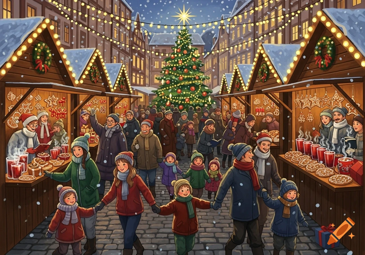 A bustling outdoor Christmas market with many people, children, festive stalls, a large decorated Christmas tree, and snow falling at night.
