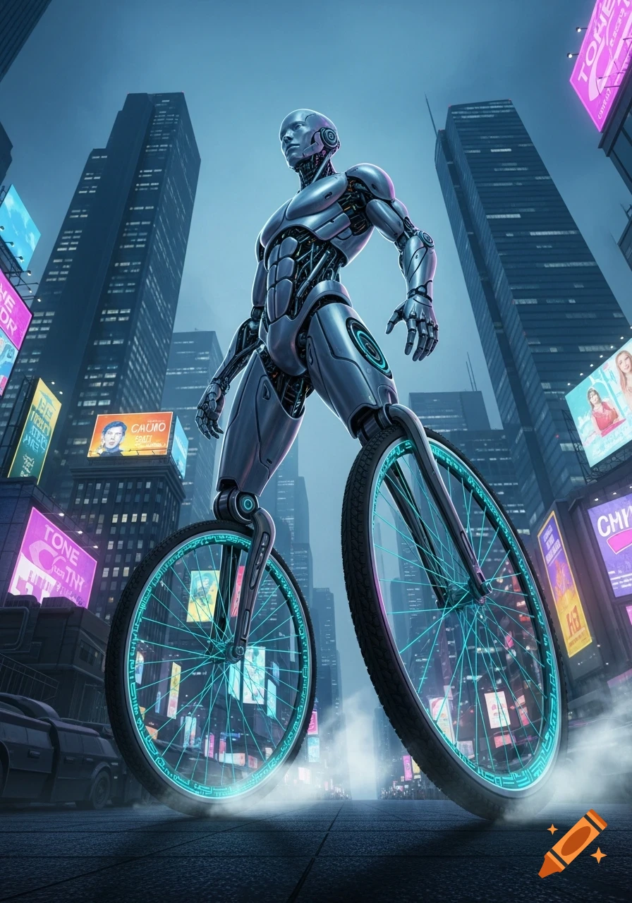 A low-angle shot of a chrome robot with glowing blue bicycle wheels for legs, standing on a misty street in a futuristic city with tall skyscrapers and neon billboards.