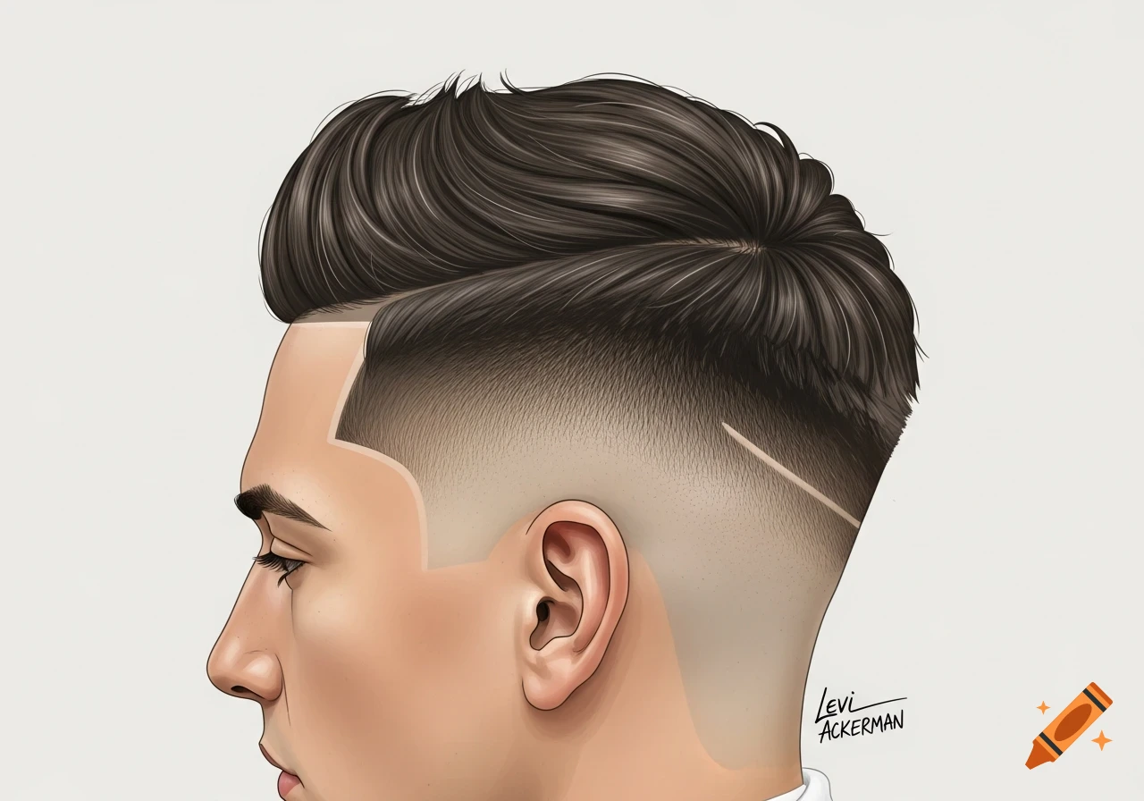 Illustration of a man's side profile with a dark brown pompadour and a zero skin fade, featuring a sharp, stylized undercut line.