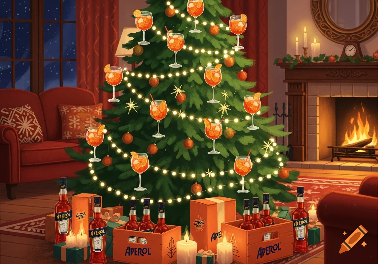 A festive illustration of a Christmas living room with a decorated tree adorned with Aperol Spritz glasses, and Aperol bottles and crates beneath it, by a cozy fireplace.