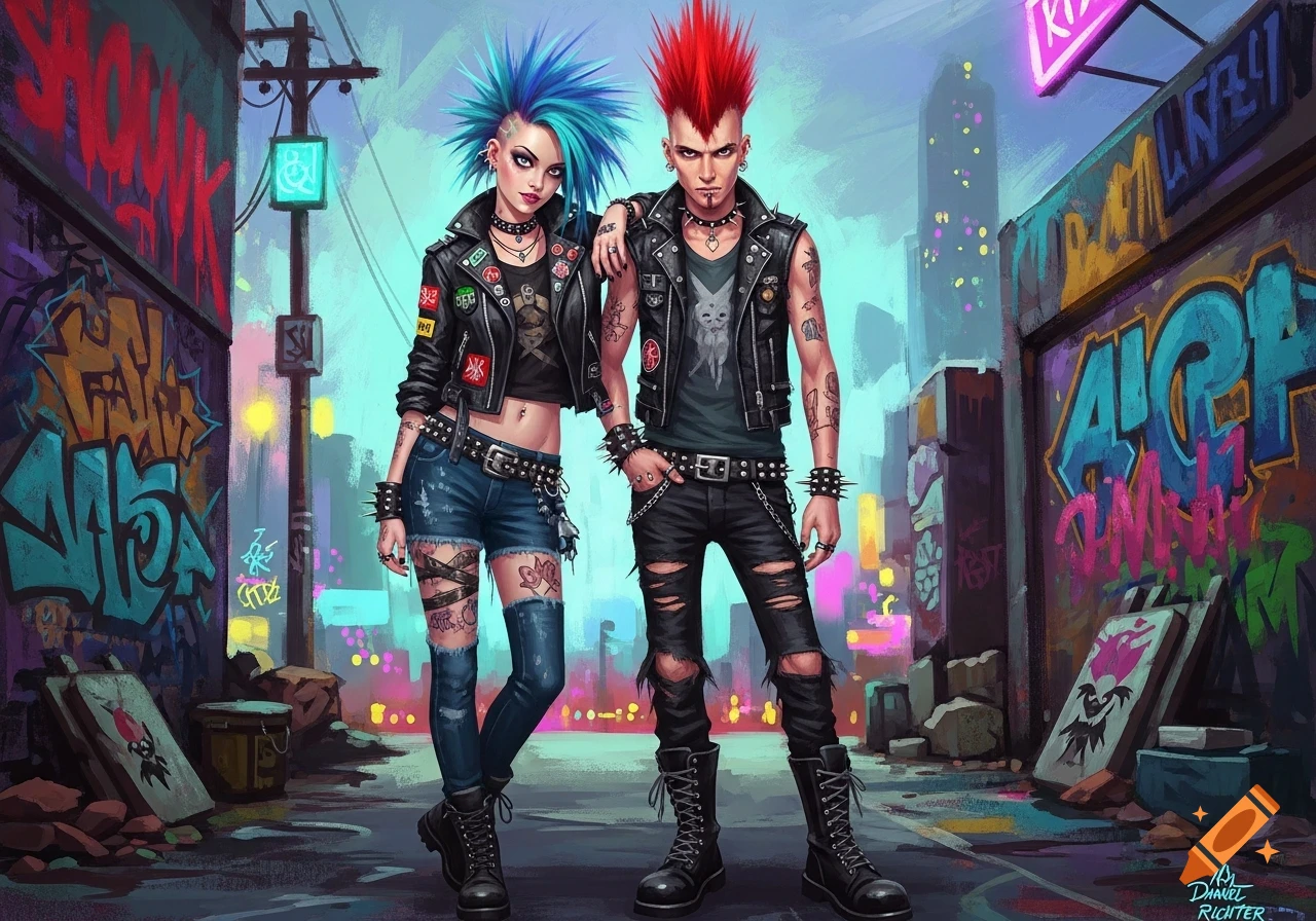 A stylized illustration of a punk couple with blue and red mohawks, leather jackets, and studded accessories, standing in a graffiti-covered urban alleyway.