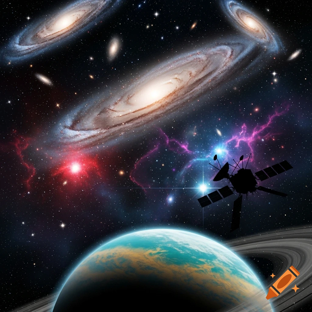 A detailed cosmic scene featuring multiple spiral galaxies, vibrant nebulae, a ringed planet, and a silhouette of a satellite.