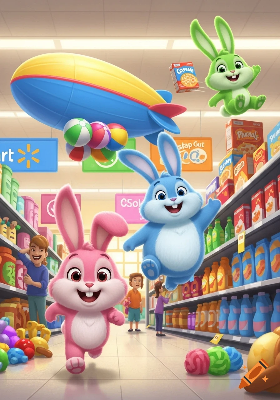 A vibrant cartoon scene in a grocery store with a pink bunny, a blue bunny, and a green bunny floating. Children browse aisles while a colorful blimp floats.