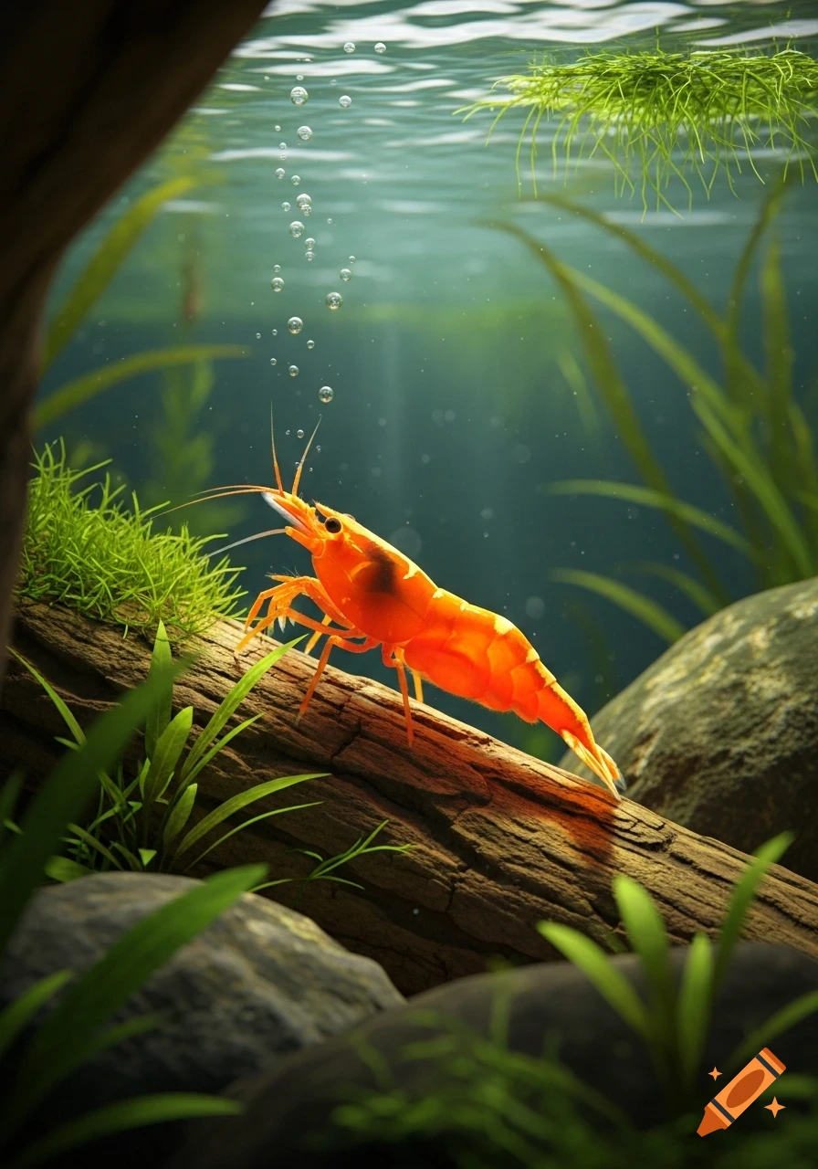 Vibrant orange shrimp on a submerged log surrounded by aquatic plants and rising bubbles, in a clear underwater scene.