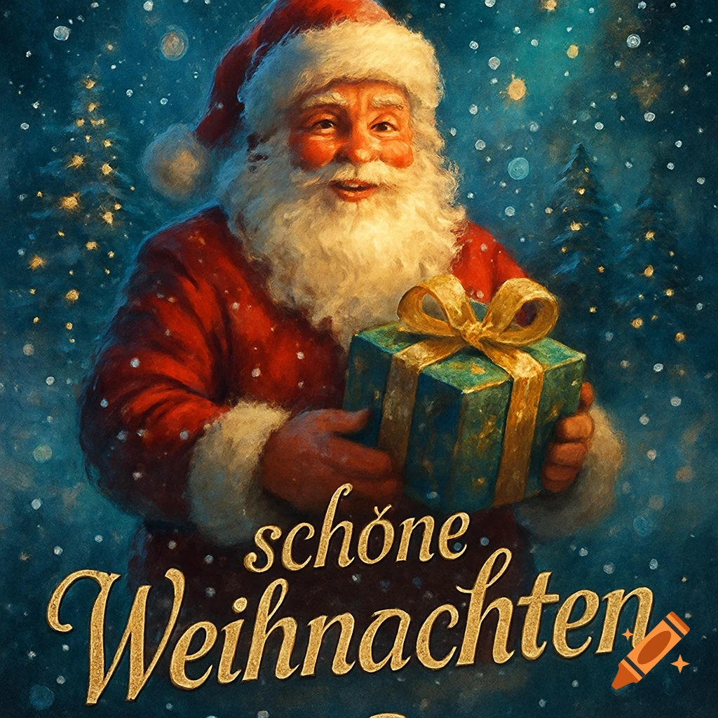 Painterly image of Santa Claus in a snowy scene, holding a wrapped gift, with "schöne Weihnachten" text.