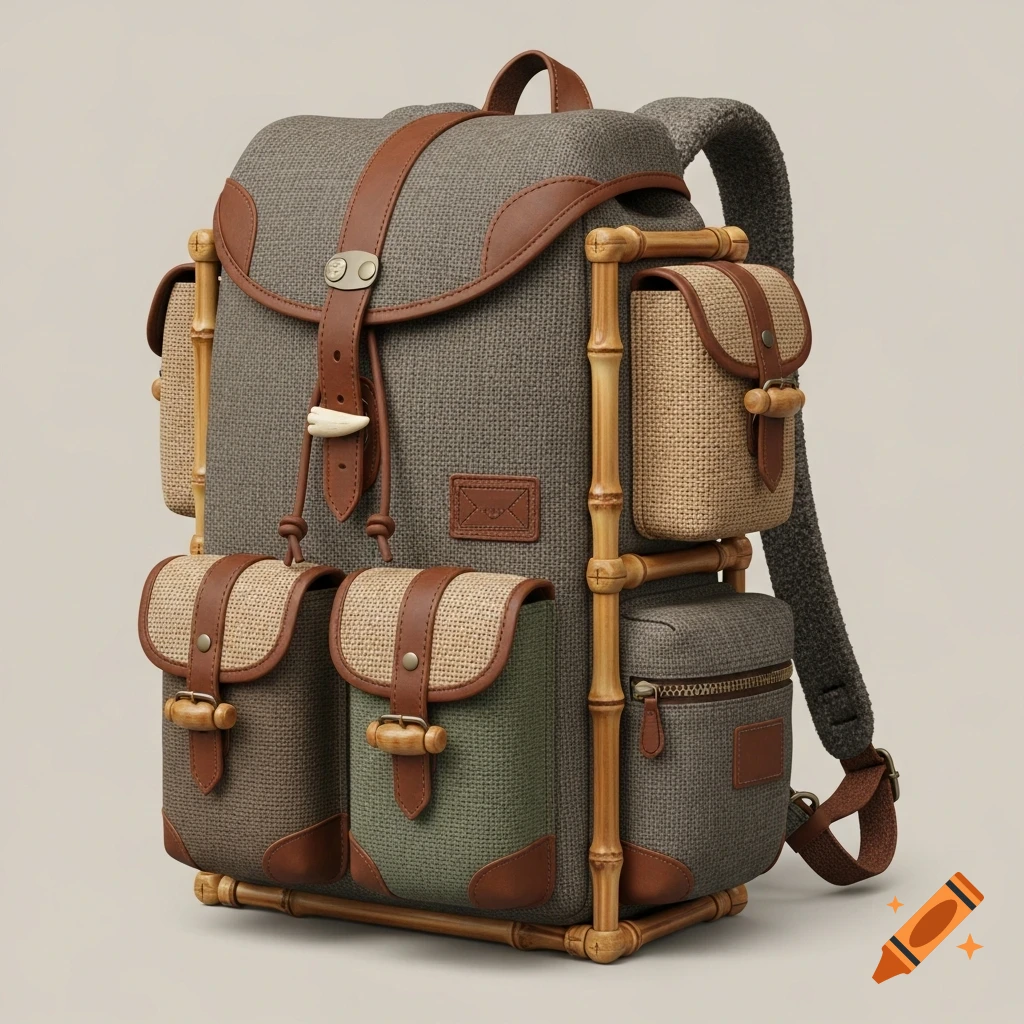 A rugged, modular backpack made of grey fabric, brown leather, bamboo, and tan/green pouches, on a light background.