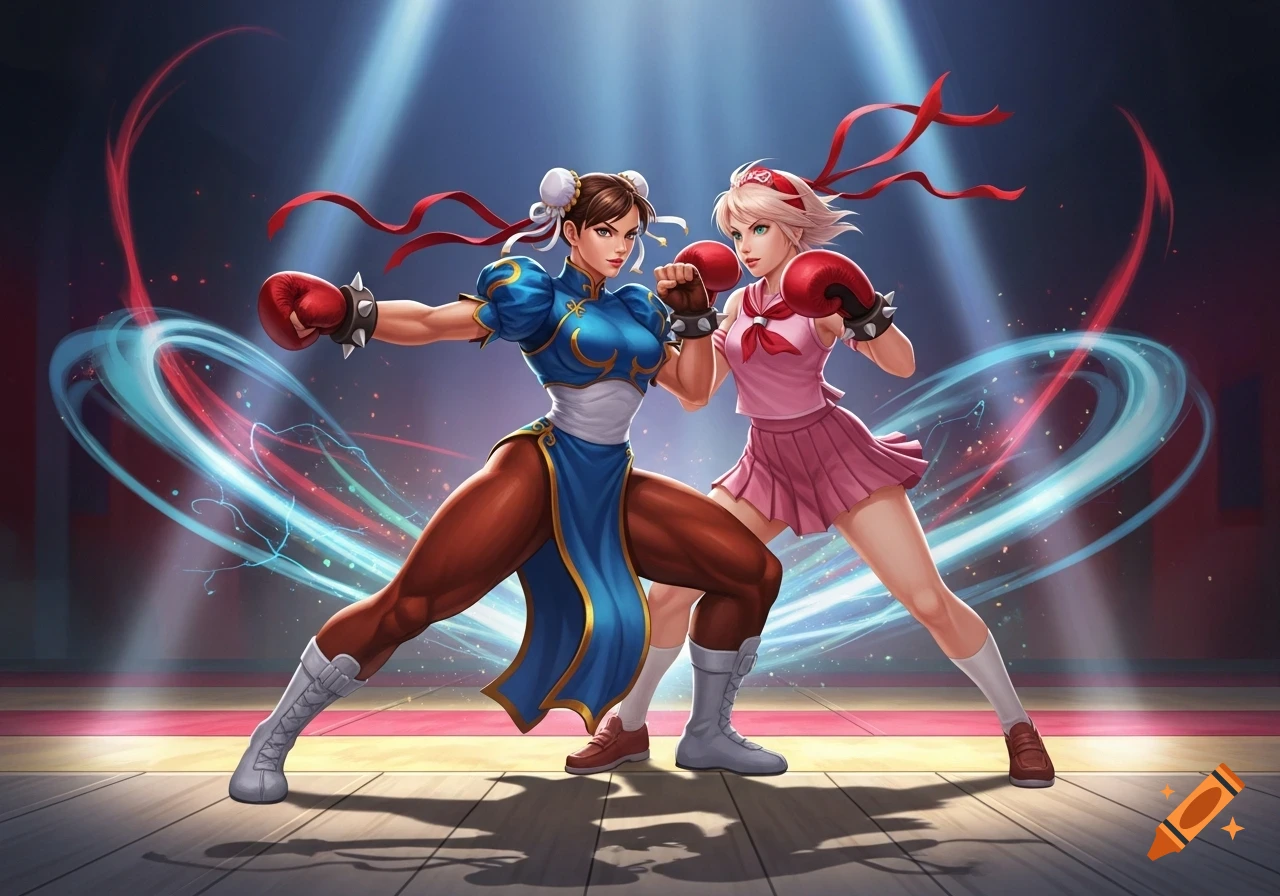 Chun-Li and Sakura from Street Fighter in fighting stances, wearing boxing gloves on a stage with energy effects.
