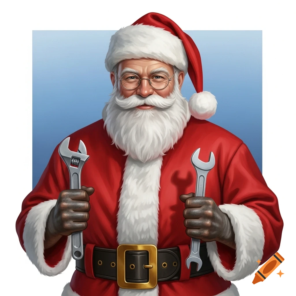Santa Claus in a red suit and gloves, holding a silver wrench in each hand, against a blue background.