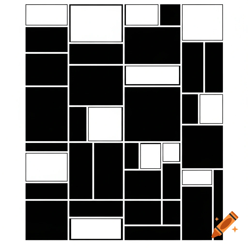 A black and white abstract pattern composed of numerous geometric rectangles and squares in a grid, separated by thin white lines.