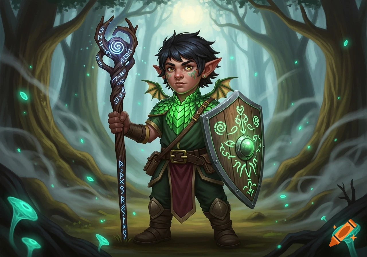 A young dark-haired gnome with green dragon scales and pointy ears stands in a forest, holding a glowing staff and a wooden shield.