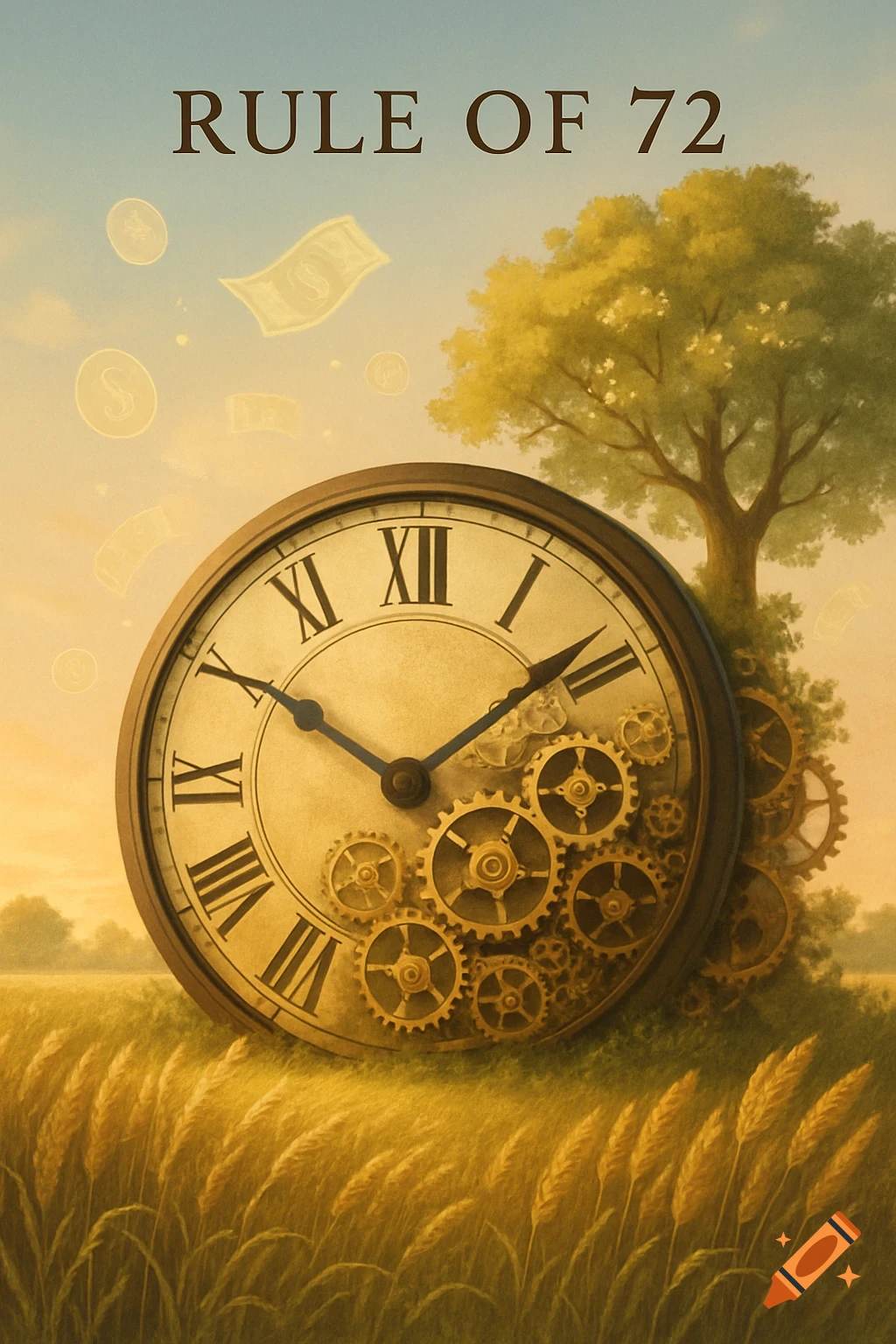 Conceptual image of a large clock with gears in a golden wheat field, a tree, and money symbols. Text 'RULE OF 72'.