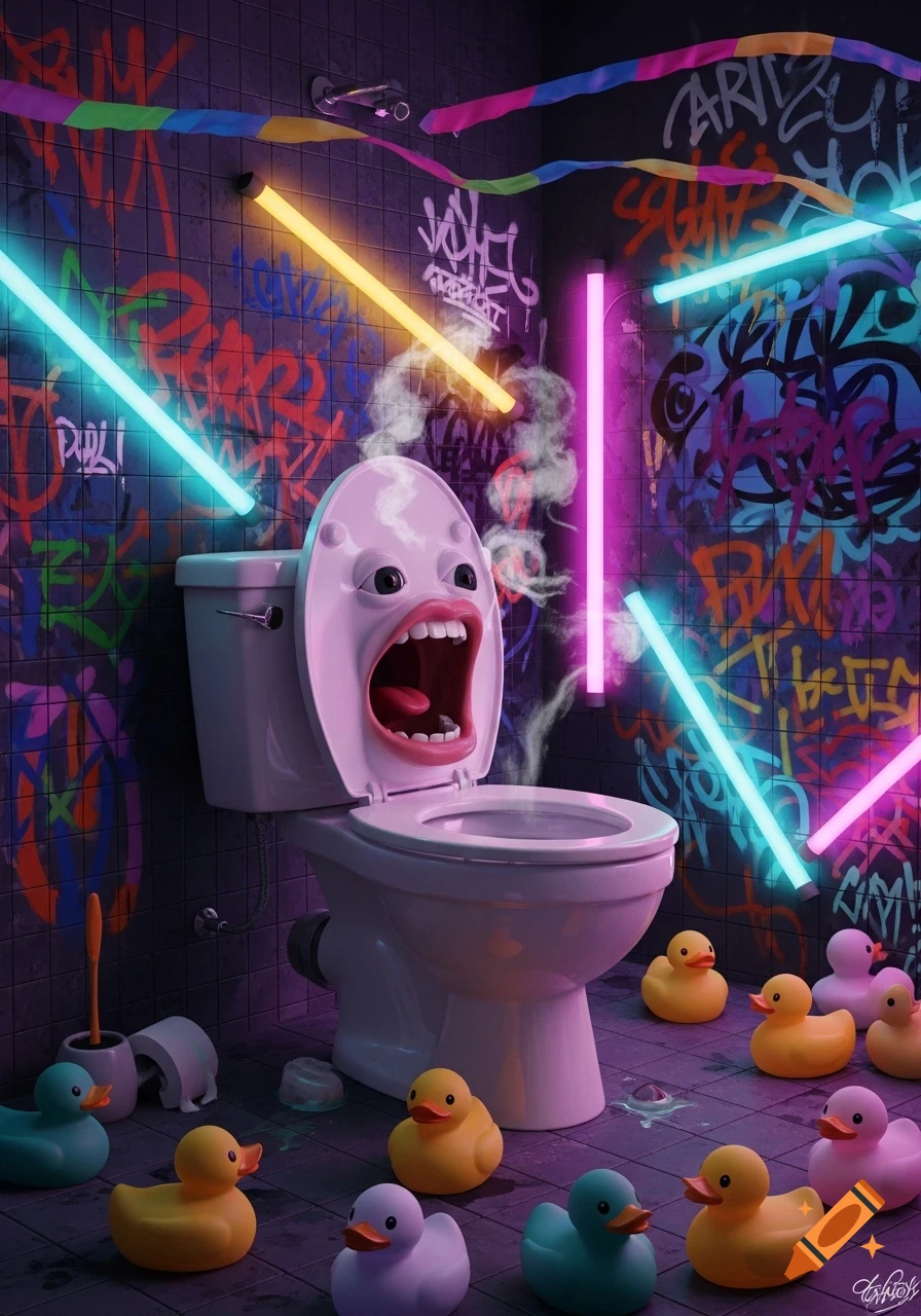 A surreal bathroom scene with a white toilet featuring a wide-open screaming mouth and eyes. Neon lights crisscross the graffiti-covered walls, and colorful rubber ducks sit on the dark tiled floor.