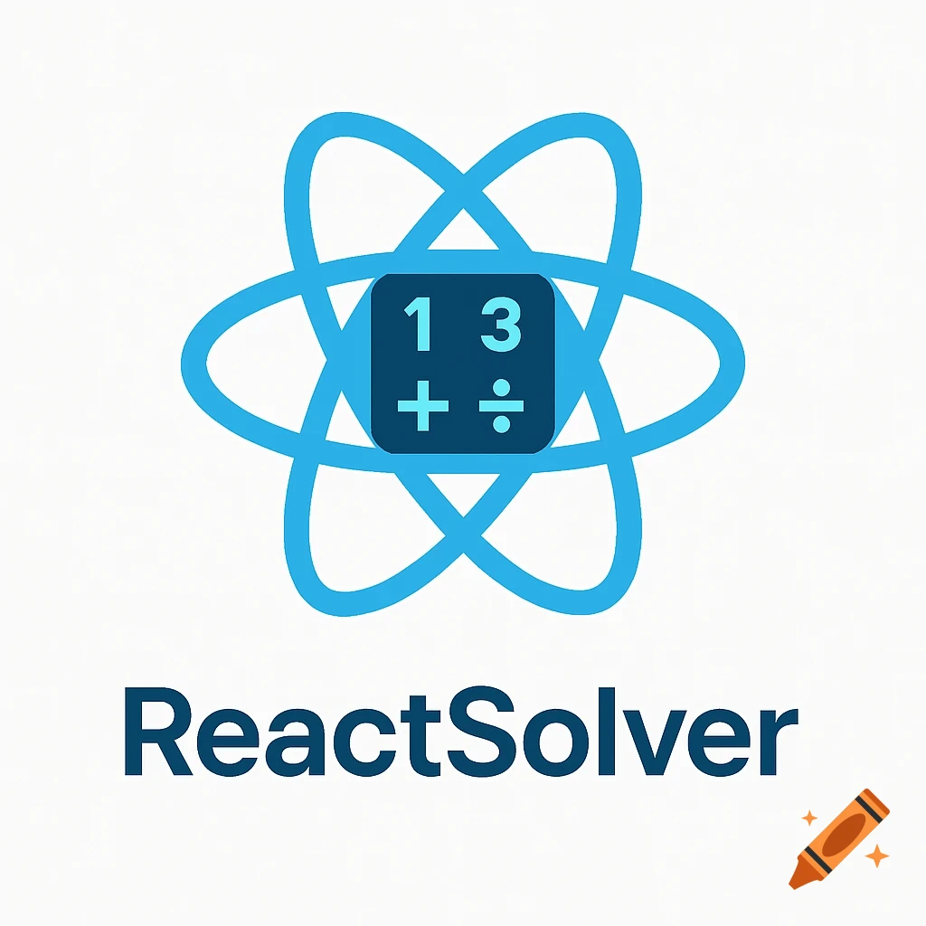 A modern, clean logo for ReactSolver. A blue React atom symbol contains a dark blue square with calculator numbers 1, 3, and symbols + and G .