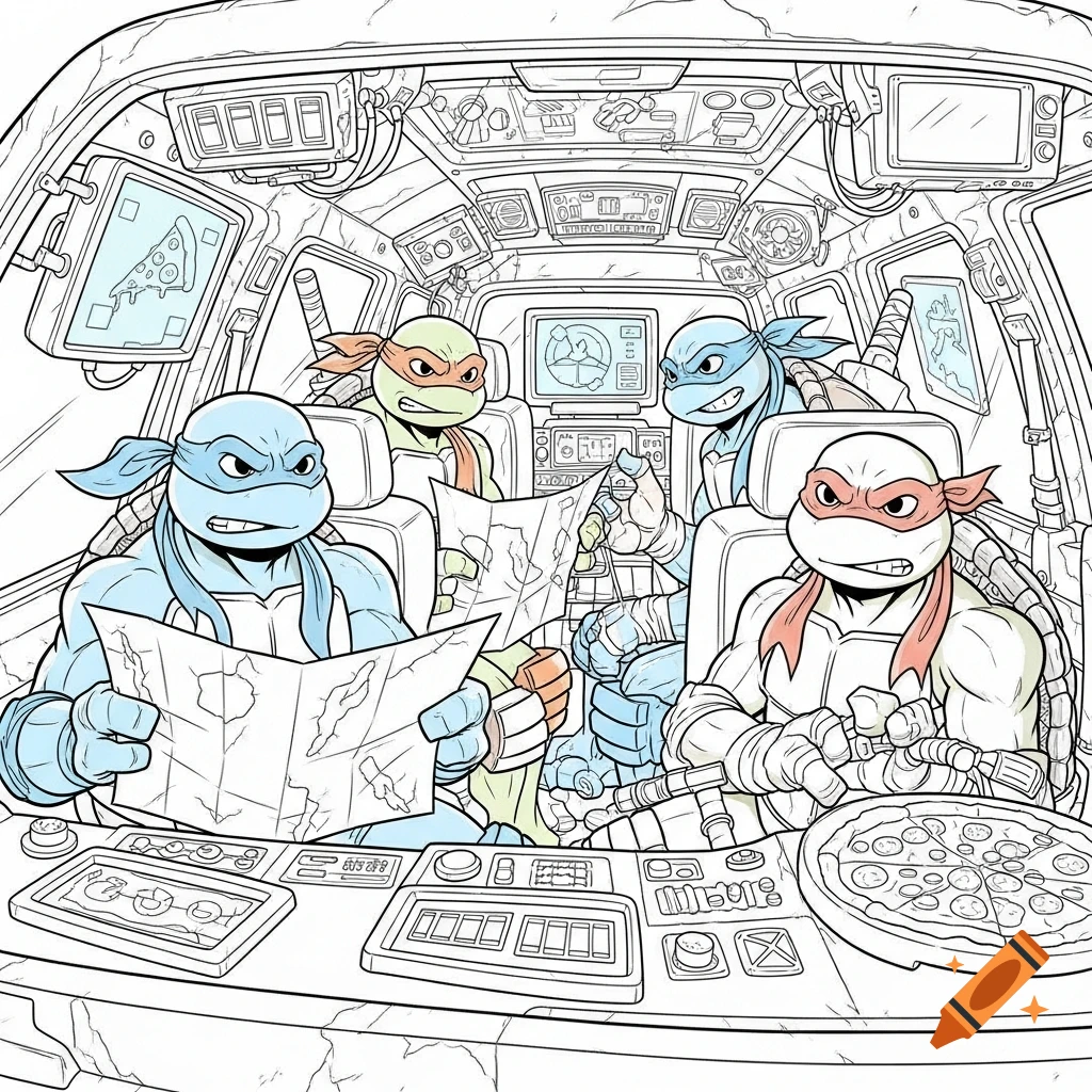 Four Teenage Mutant Ninja Turtles in a futuristic van cockpit, looking at maps and controls in a coloring page style.