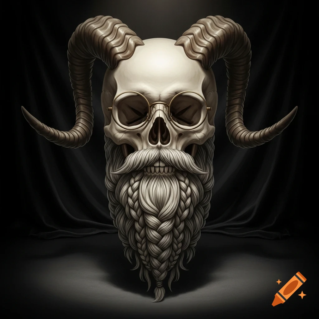 A stylized skull with ram horns, round glasses, and a long, intricately braided white beard, set against a dark background.