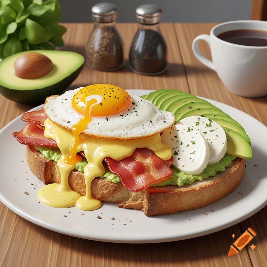 Photorealistic breakfast plate with avocado, over-easy egg, bacon, hollandaise, and mozzarella on toast. Coffee in background.