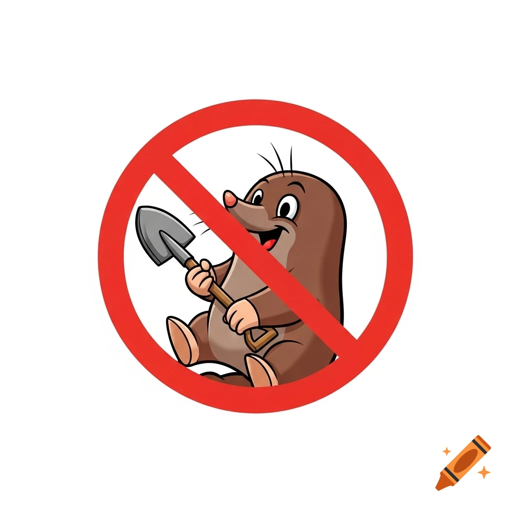 A cartoon mole with a shovel inside a red prohibition sign on a white background.