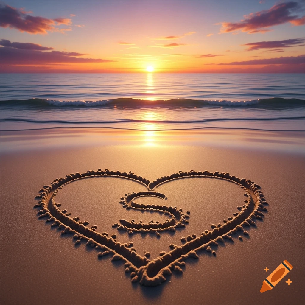 A heart with the letter S drawn in the sand on a beach, with a vibrant sunset over the ocean in the background.