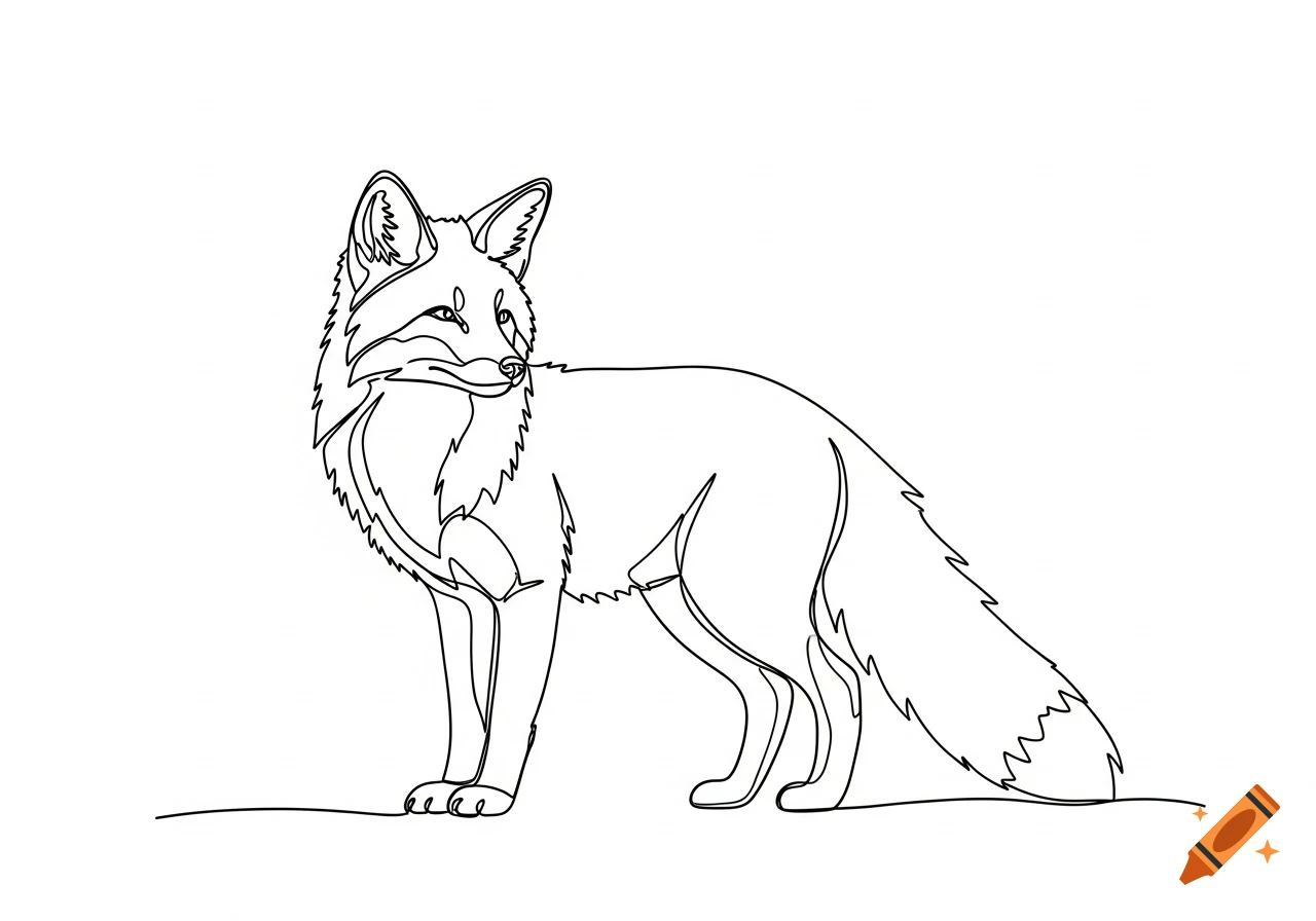 A minimalist one-line drawing of a fox standing and looking right, on a white background.