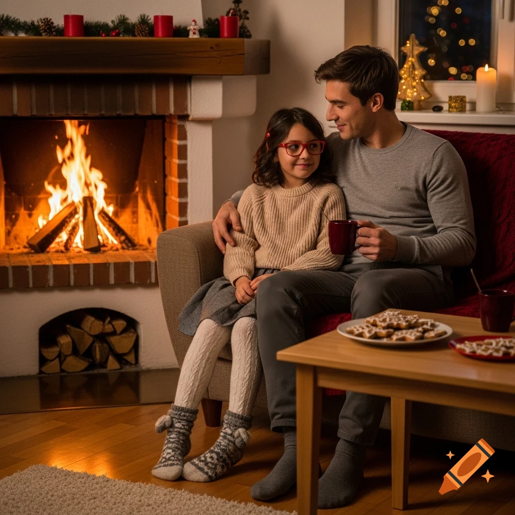 A man and a girl sit side-by-side on a couch by a crackling fireplace in a cozy, decorated living room, holding mugs, photorealistic.