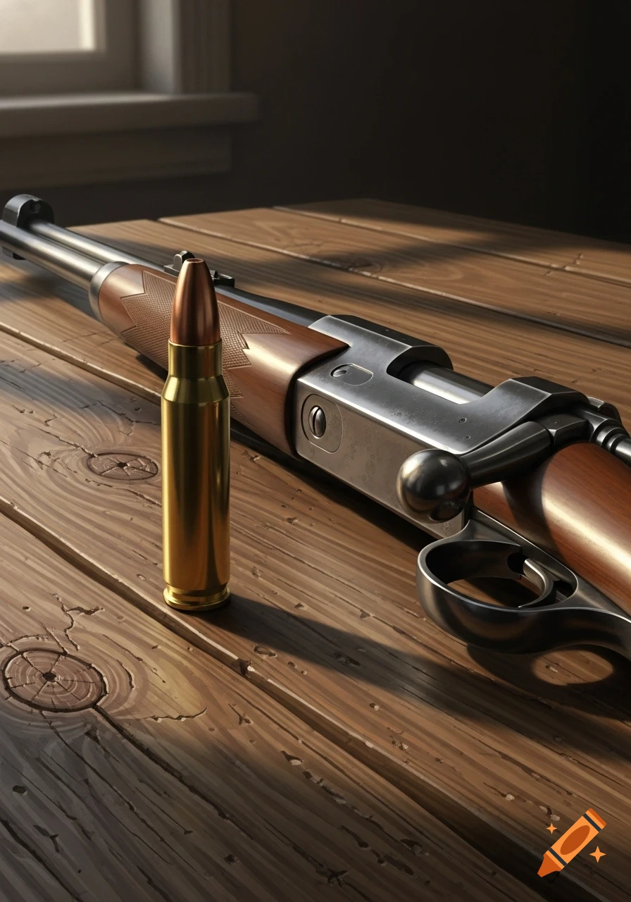 A photorealistic image of a rifle and a bullet resting on a rustic wooden table, illuminated by a window.