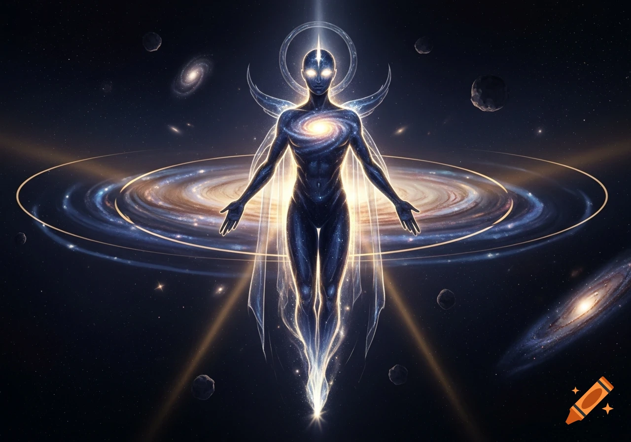 An ethereal cosmic being with a galaxy on its chest, surrounded by swirling galaxies and stars in deep space.