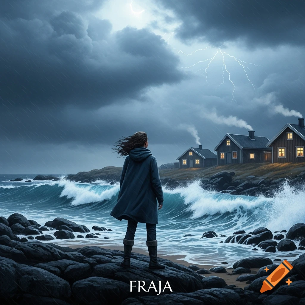 Fraja stands on a rocky beach, gazing at a stormy sea under a lightning-filled sky, with cozy houses in the background.