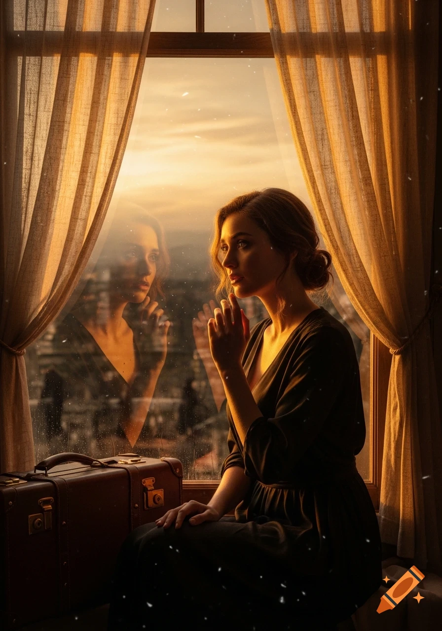 Photorealistic portrait of a woman looking out a window at dusk, with a vintage suitcase nearby.