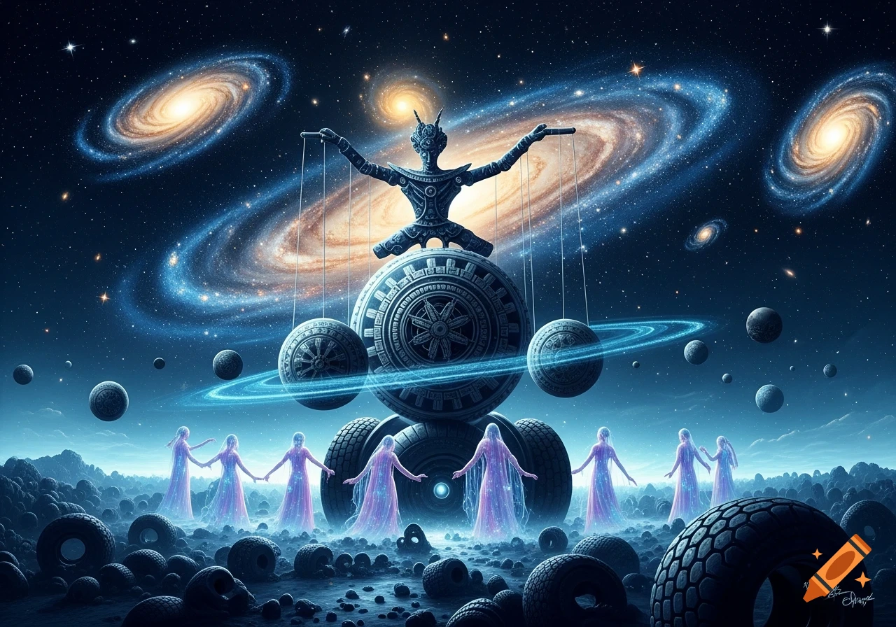 A cosmic puppet master controls ethereal figures and planets above a tire-strewn landscape, with galaxies in the deep blue space.