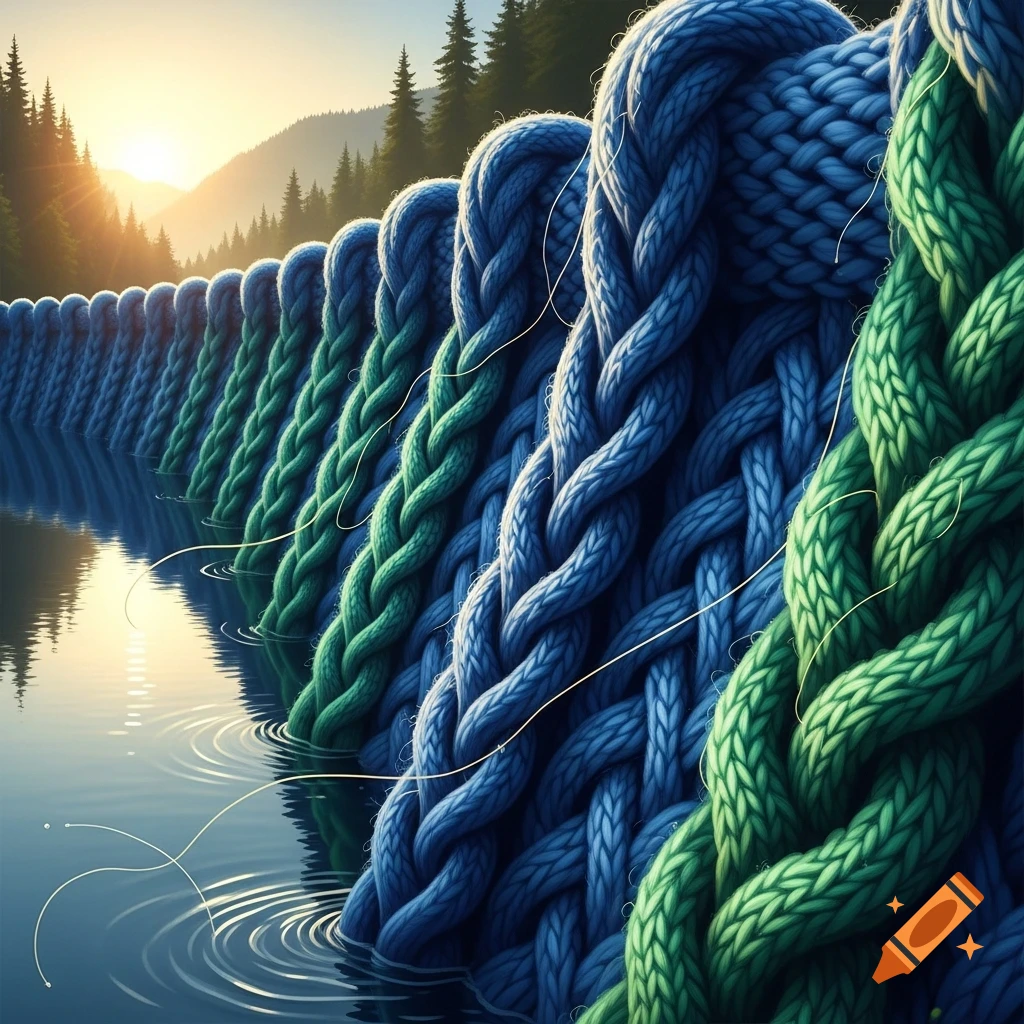 A long line of massive, textured blue and green knitted structures resembling a dam extends into water, reflecting a sunset over a forest.