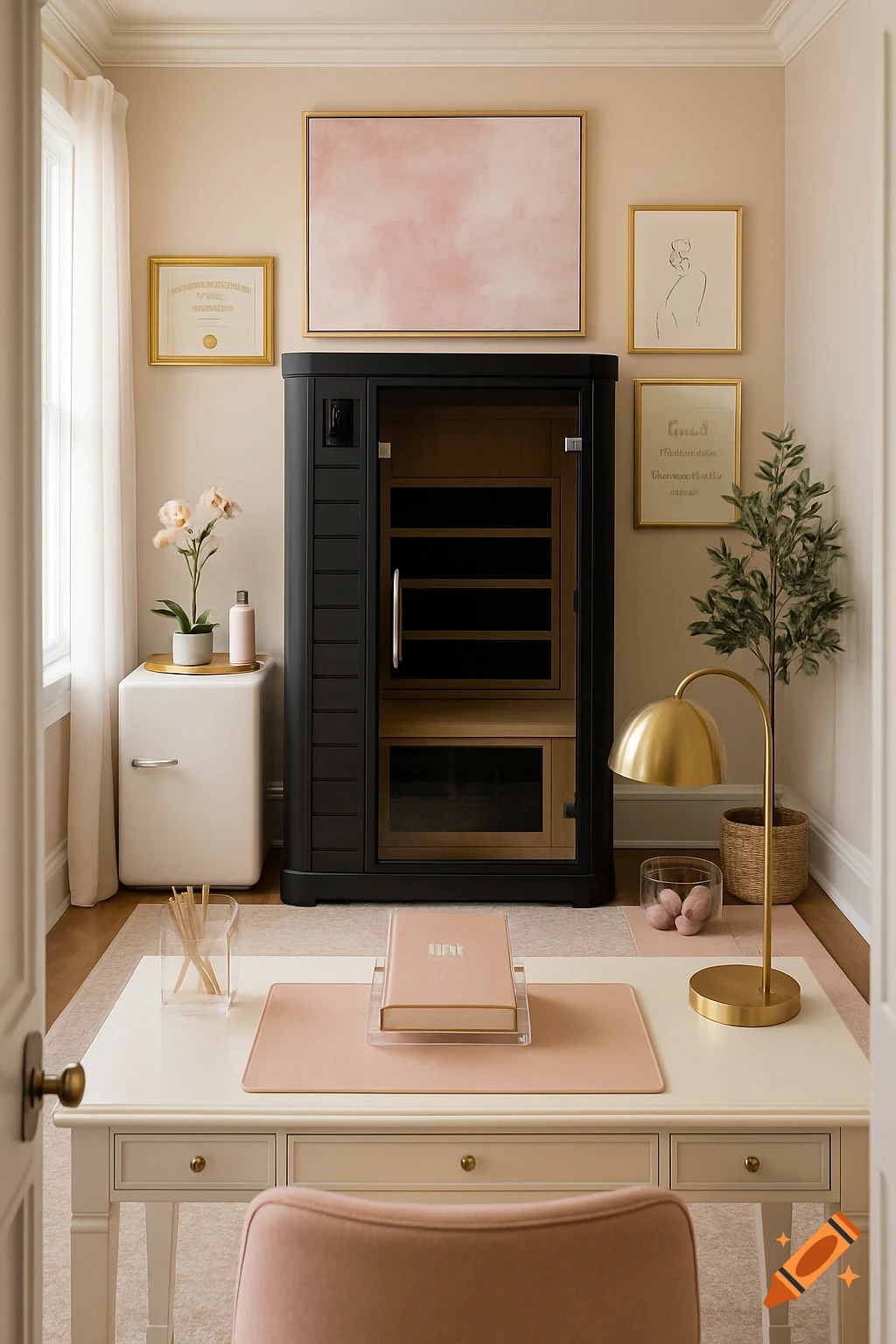 Photorealistic feminine home office with a black infrared sauna, white desk, pink and gold accents, and plant decor.