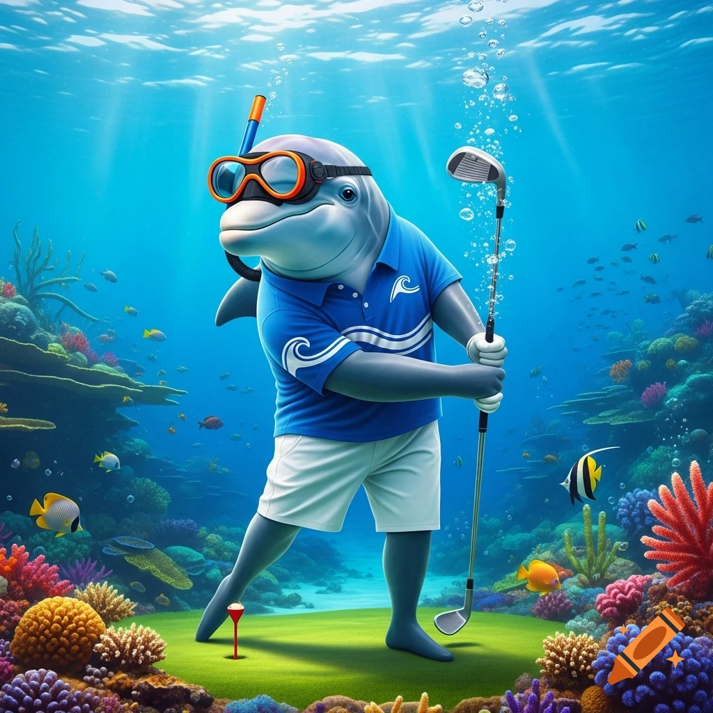 A cartoon dolphin in a polo, shorts, and goggles prepares to golf on a lush green underwater course with colorful coral.