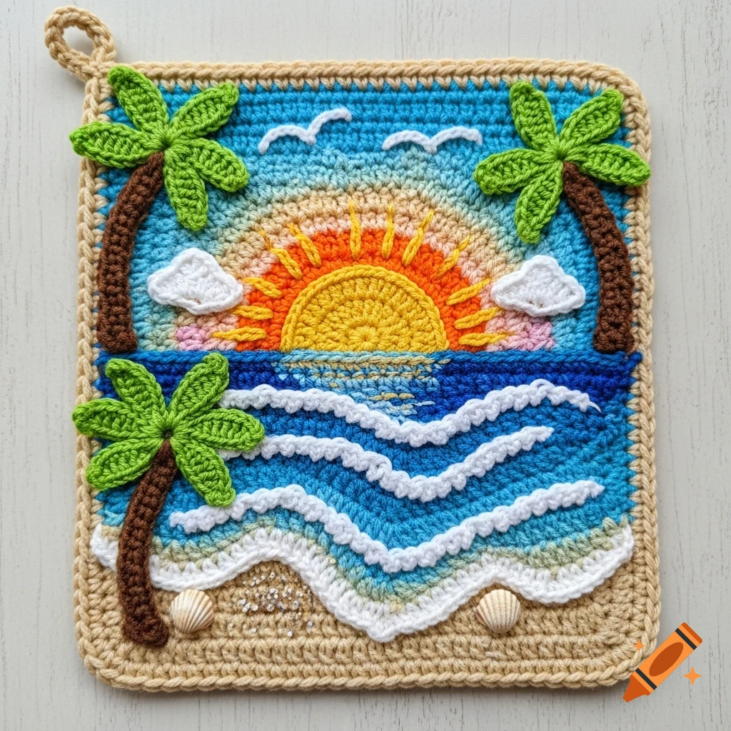 A colorful crochet potholder featuring a sunset beach scene with palm trees, ocean waves, and seashells on sand.