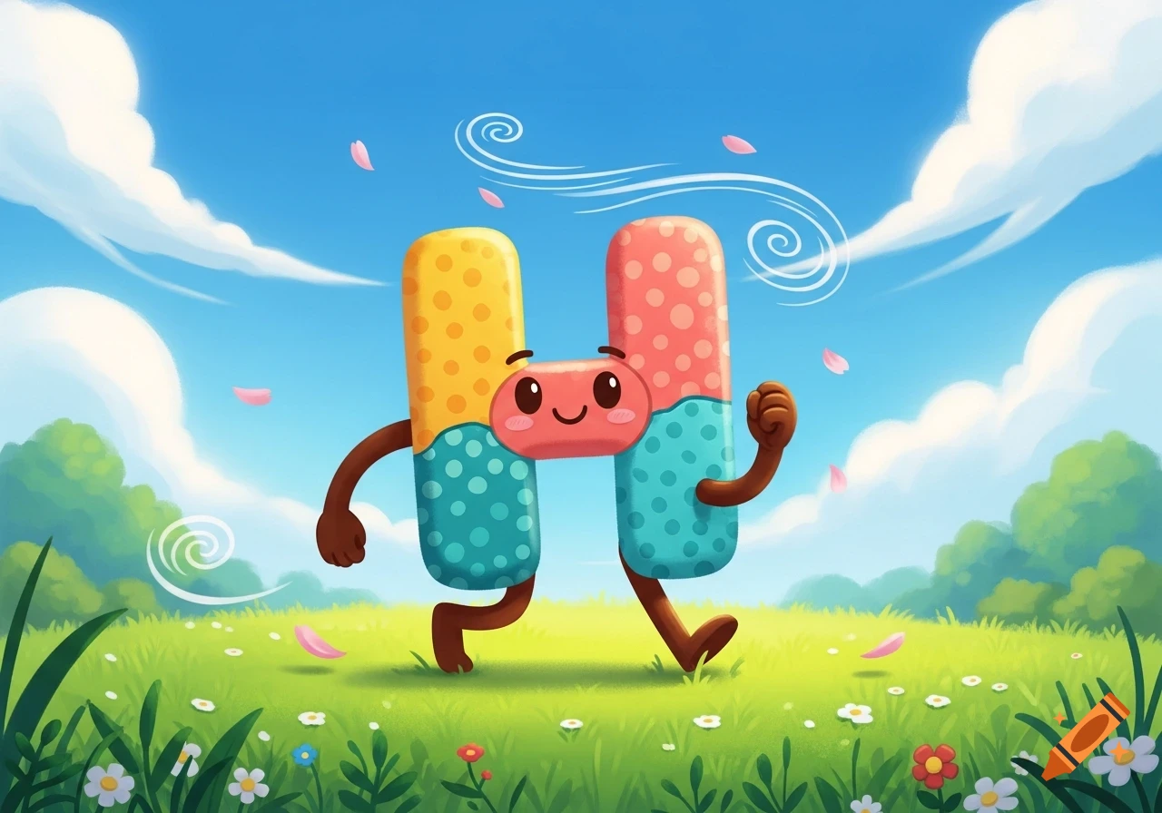 A cheerful, personified letter H character, colored in yellow, pink, and blue polka dots, runs through a green field.