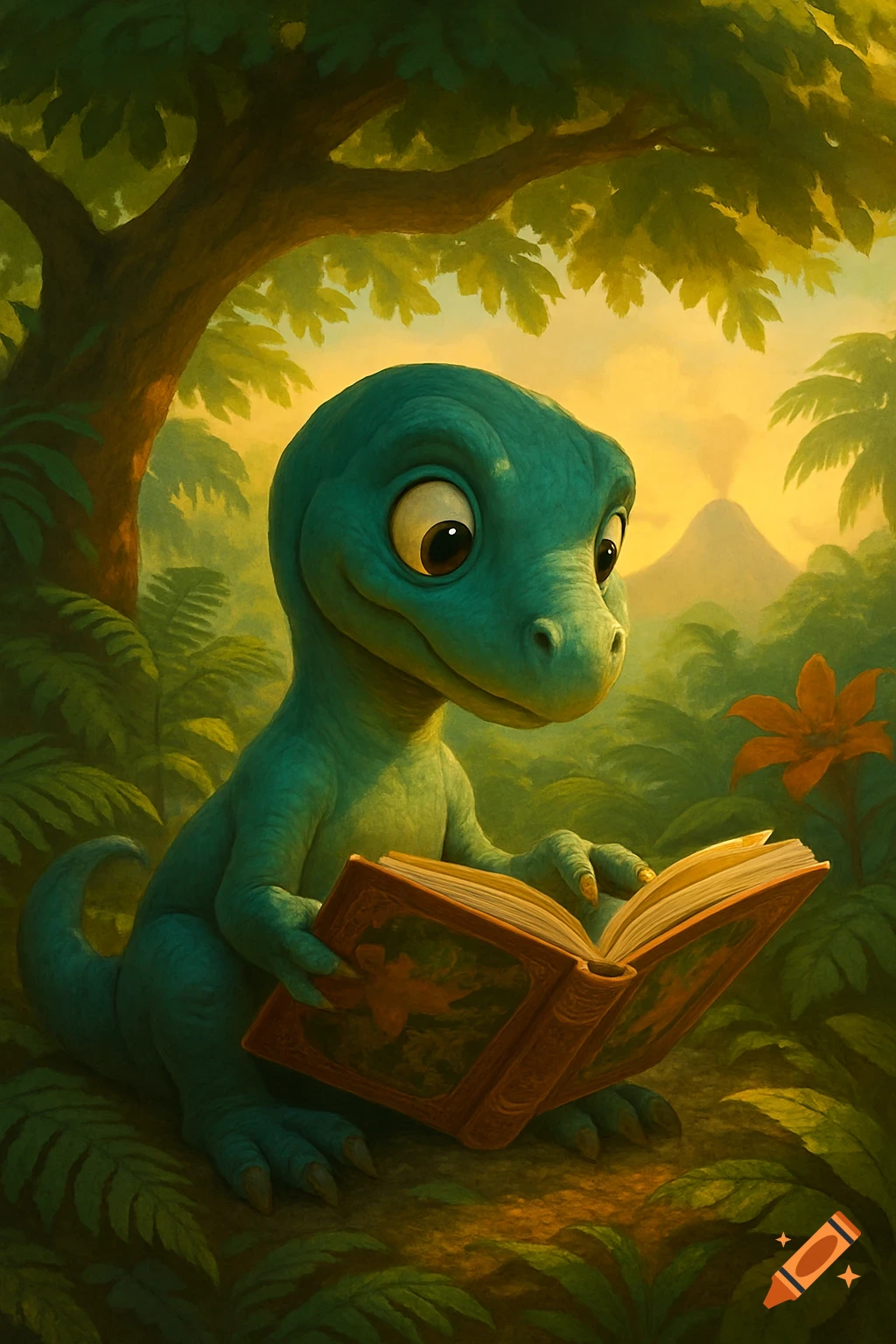 A cute, teal cartoon dinosaur with big eyes sits in a lush jungle, intently reading an open book with a volcano in the background.