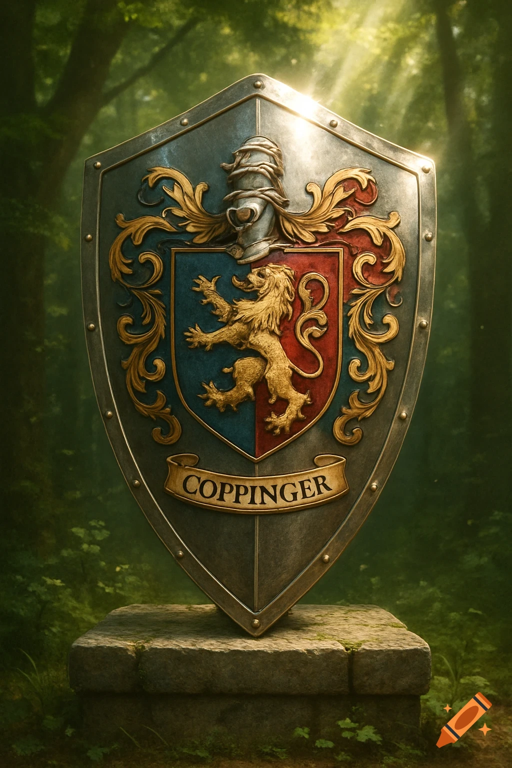 A detailed medieval shield with the Coppinger coat of arms, featuring a golden lion on a blue and red field, in a sunlit forest.