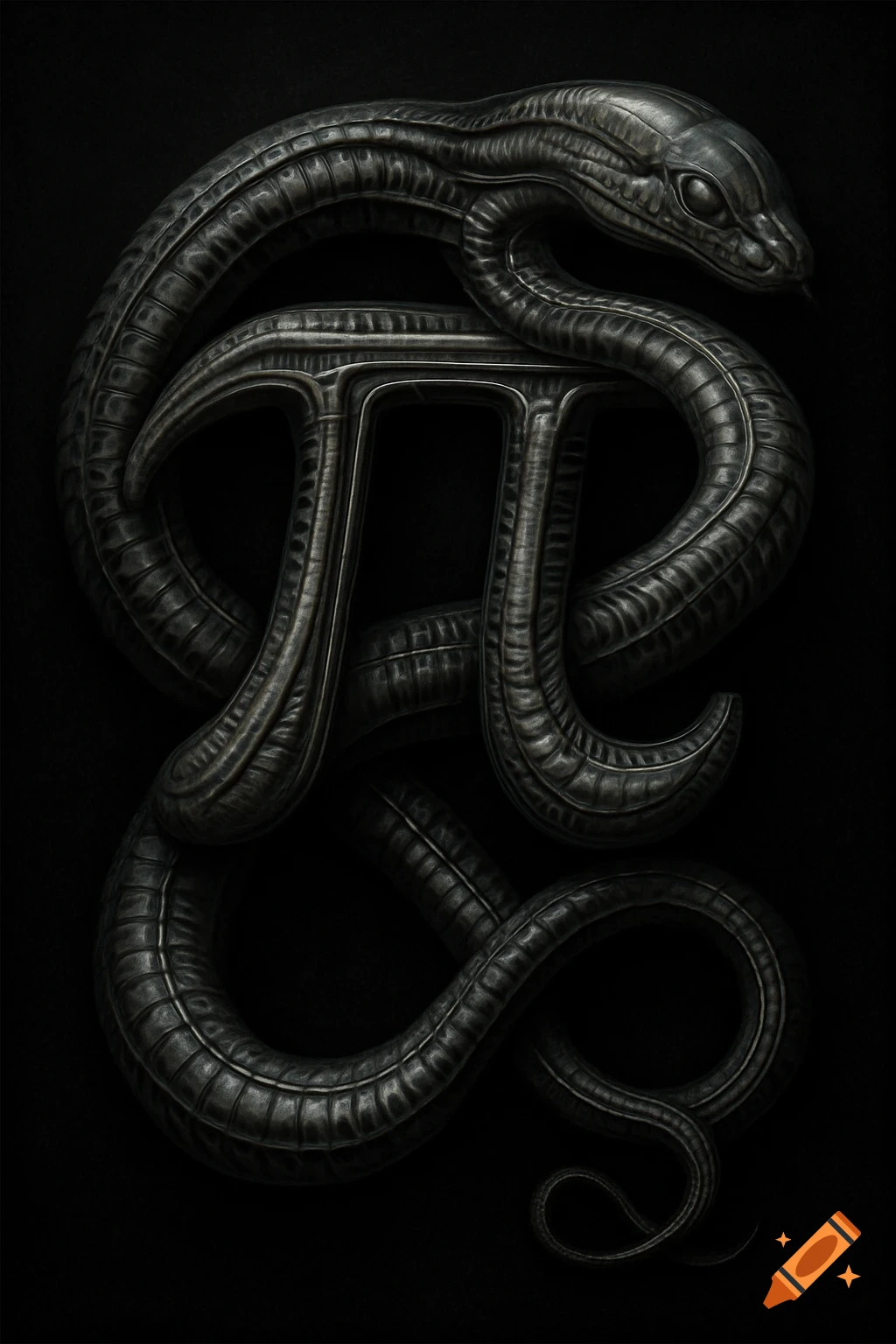 A dark, biomechanical snake winds around the metallic Greek letter Pi, in HR Giger style on a black background.
