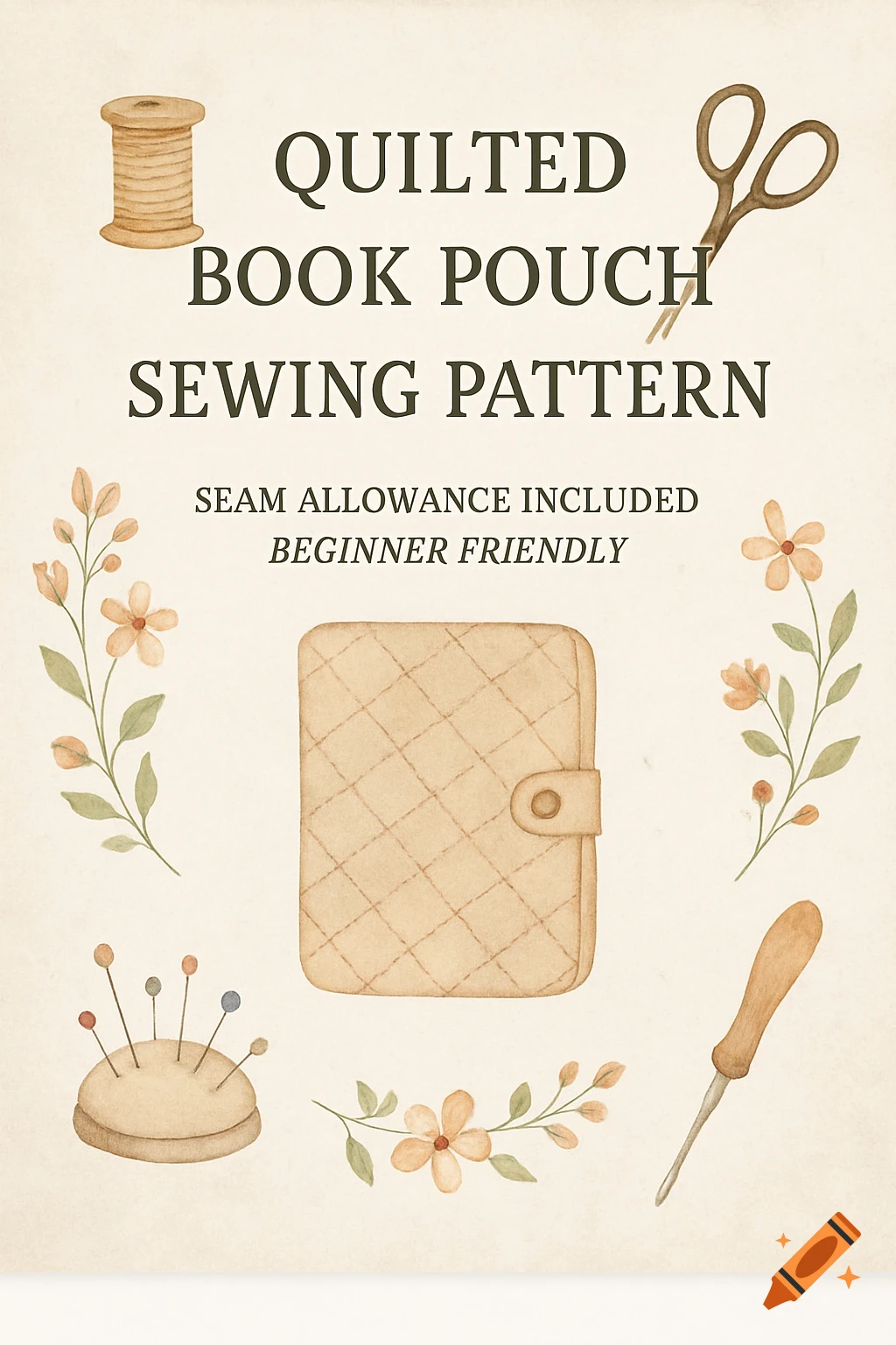 A sewing pattern cover for a 'Quilted Book Pouch' featuring watercolor illustrations of sewing notions like a spool of thread, scissors, a pincushion, and a sewing awl, alongside floral elements.