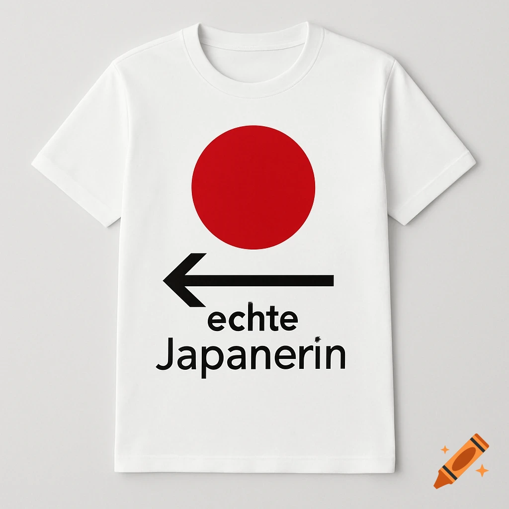 White t-shirt with a red circle, a black left arrow, and the German text "echte Japanerin" below it.