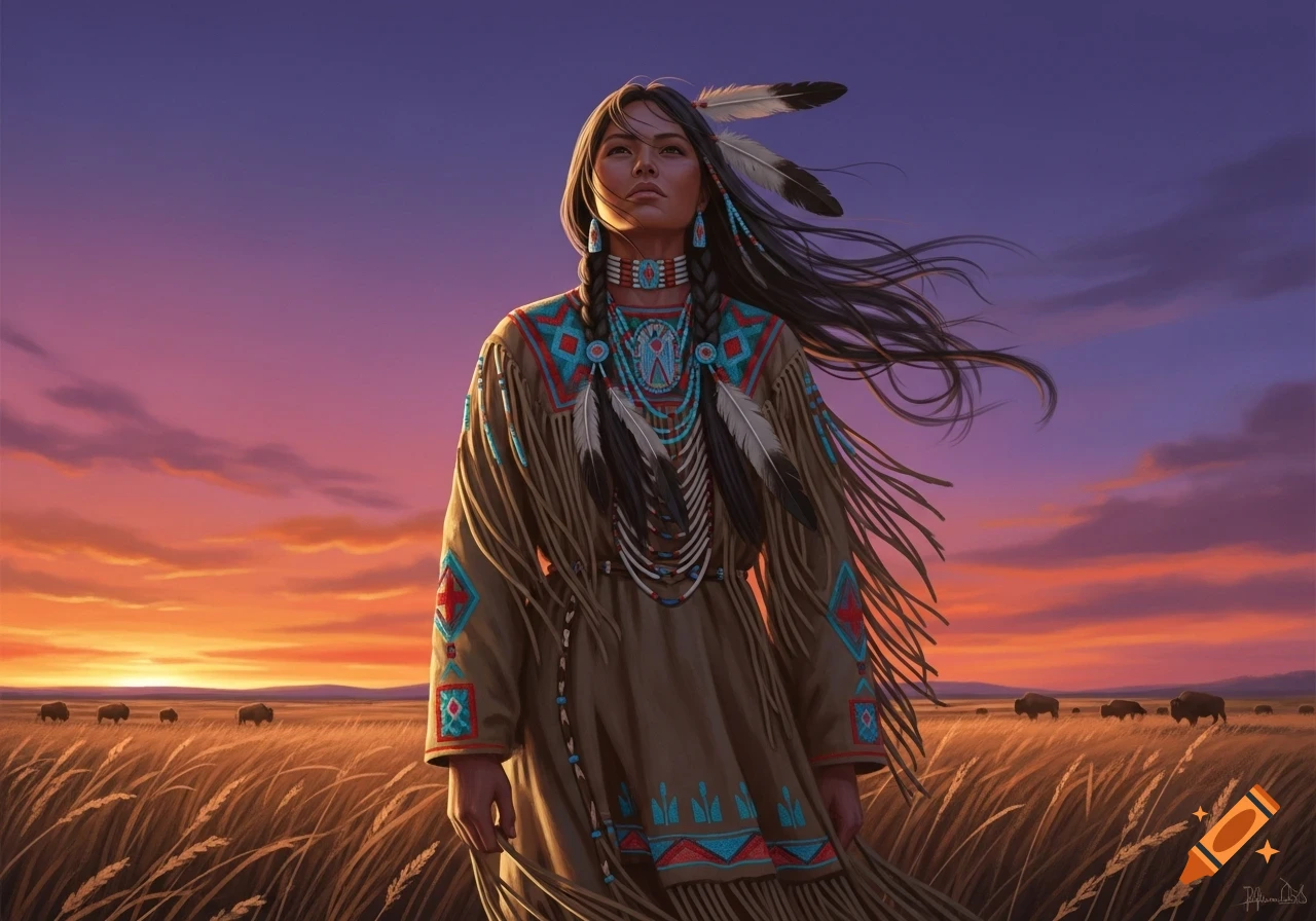 A young Indigenous woman in traditional attire stands in a golden field at sunset, with bison in the distance. Fantasy art style.