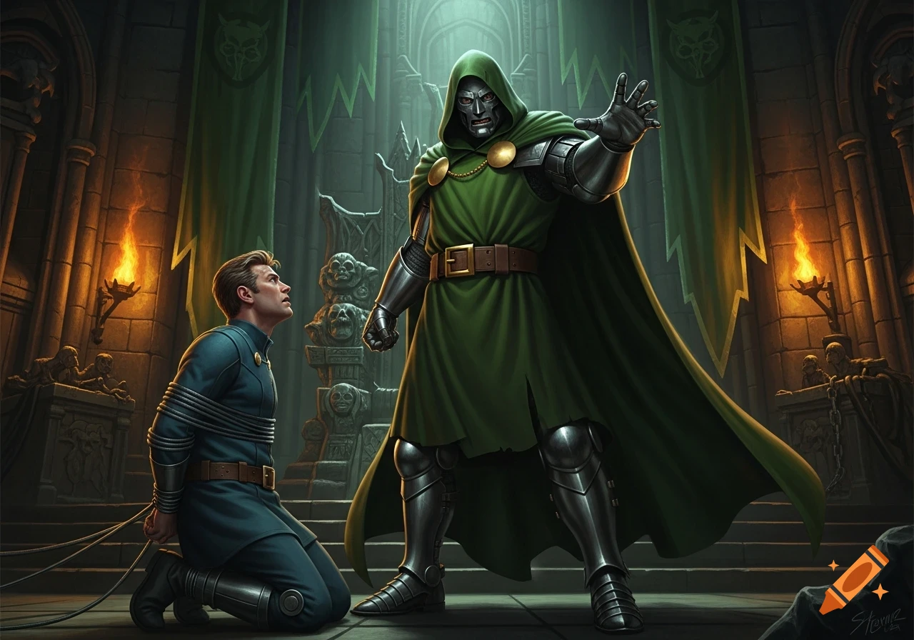 Doctor Doom stands menacingly over a bound Reed Richards, who kneels in a dramatic, dimly lit stone chamber.